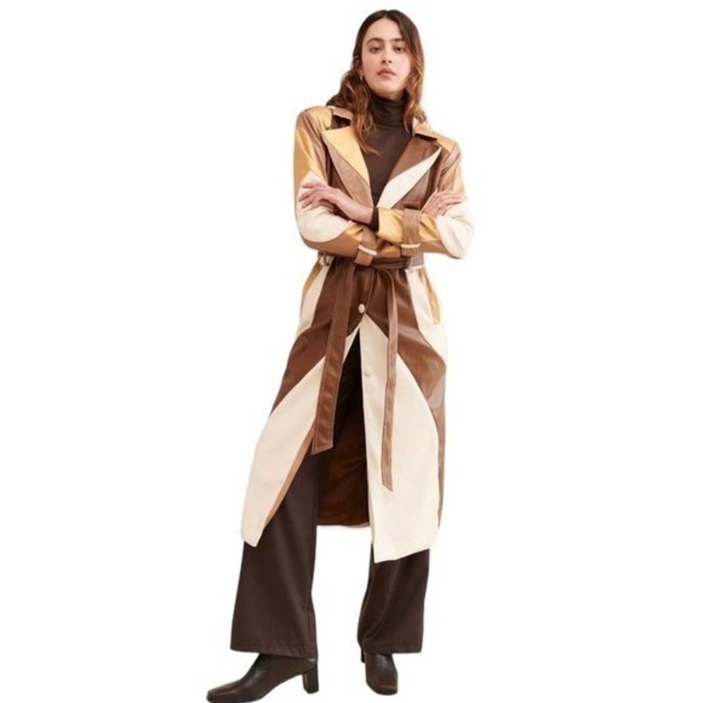 COLIN LOCASCIO Francine Patchwork Trench Coat Vegan Leather Belted Retro Small